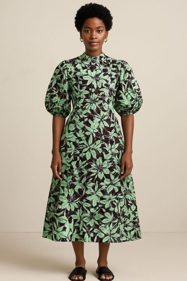 Green floral puff sleeve Dress