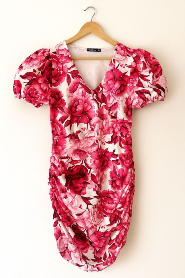 Rosé Ruche Puff Sleeve Mini Dress
