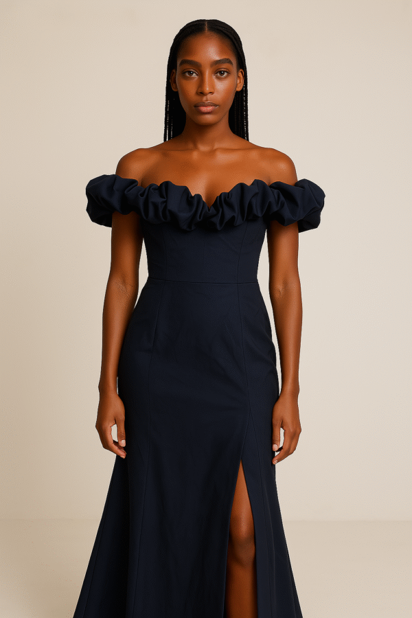 Off-shoulder ruffled neckline with high-thigh slit